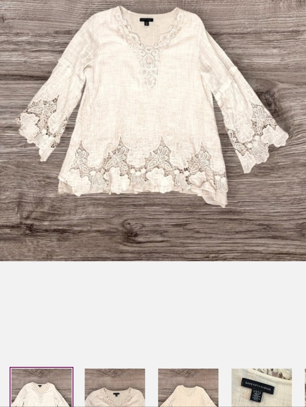 Saks Fifth Avenue Linen Lace V-Neck A-Line Tunic Top Dress Natural Italy Size L